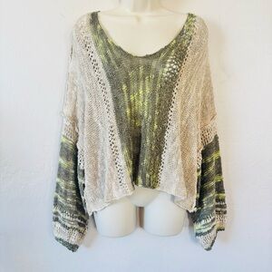 Angie brand open-knit sweater in a beige and lime green tie-dye